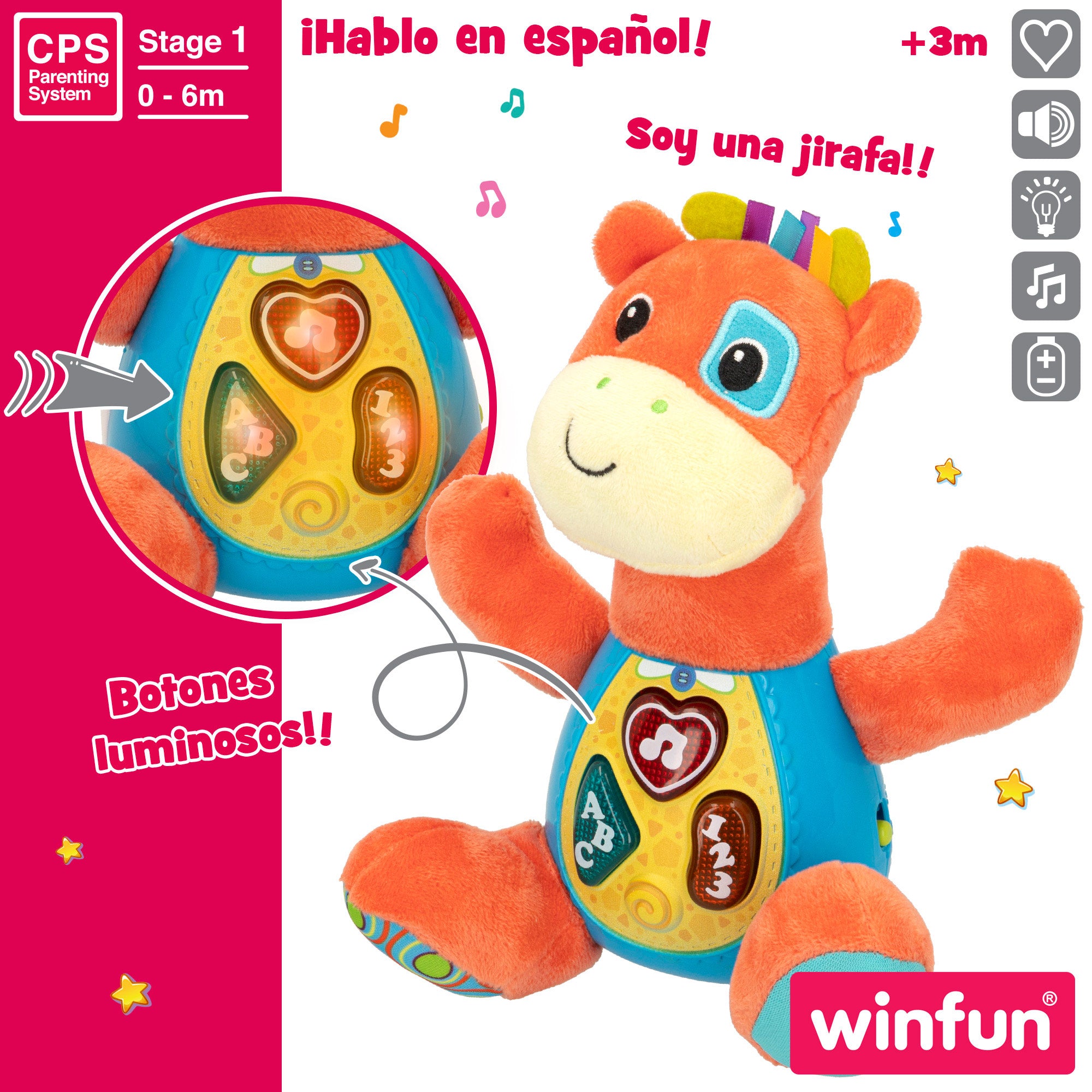 Girafa de peluche falante Winfun com luzes em espanhol.