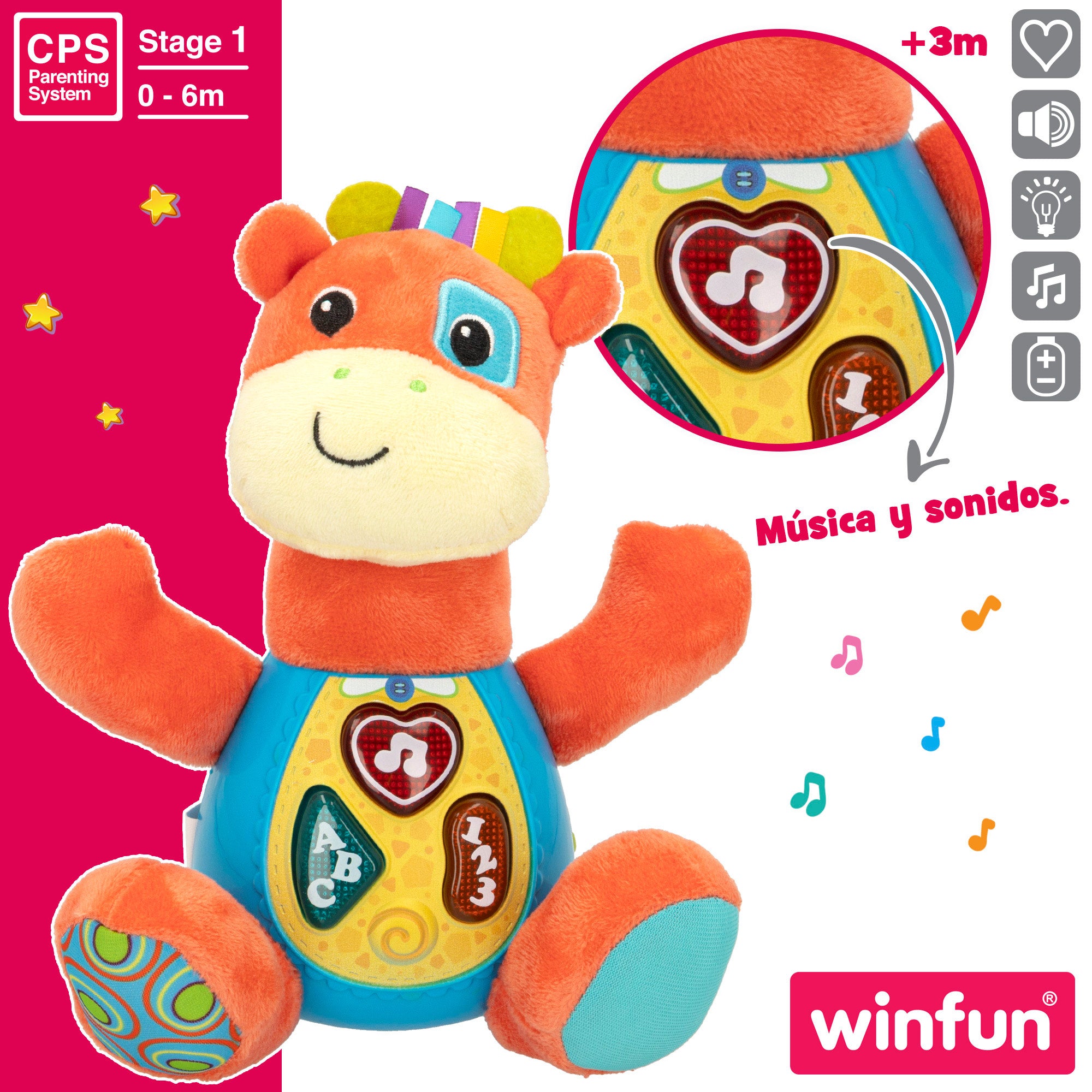 Girafa de peluche falante Winfun com luzes em espanhol.