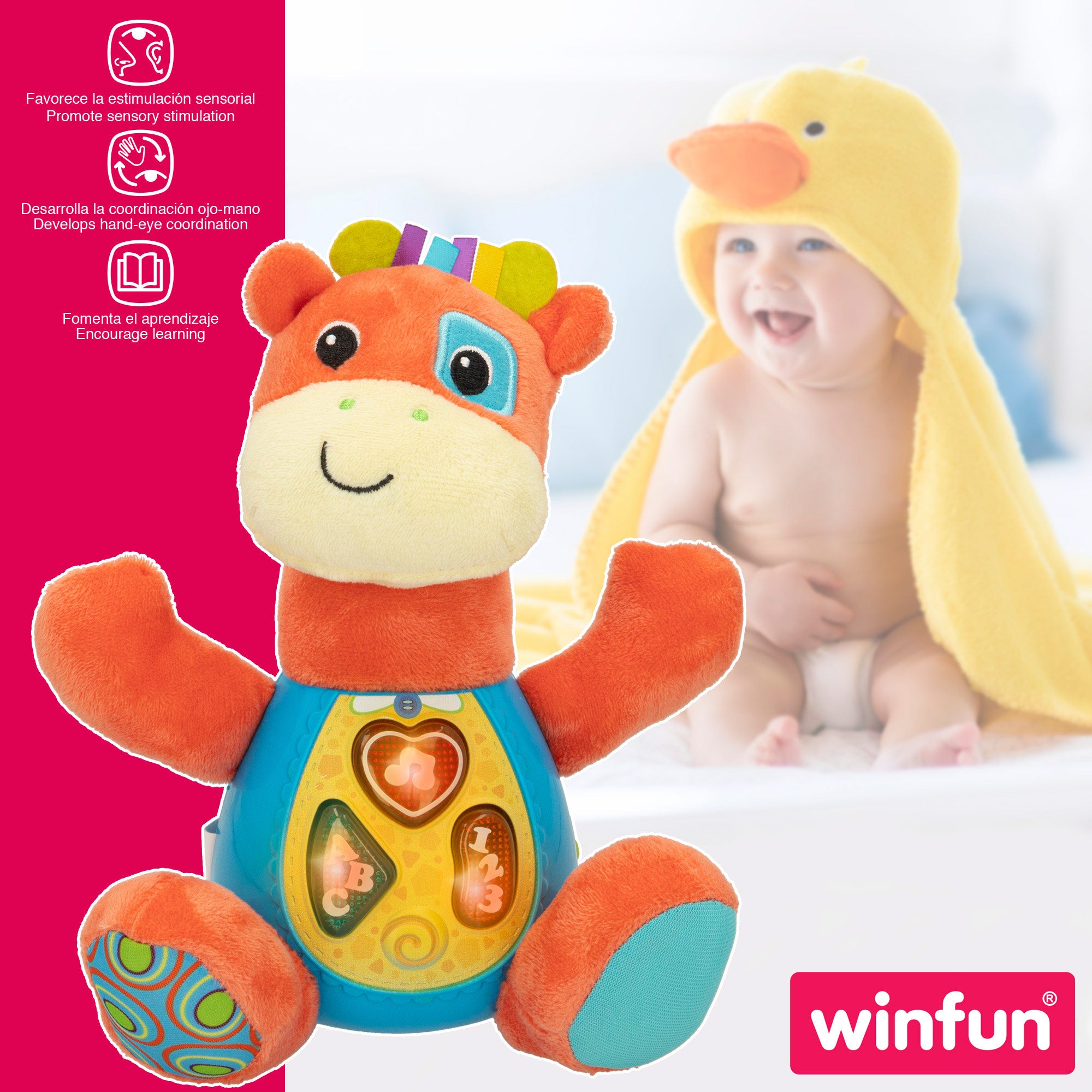 Girafa de peluche falante Winfun com luzes em espanhol.