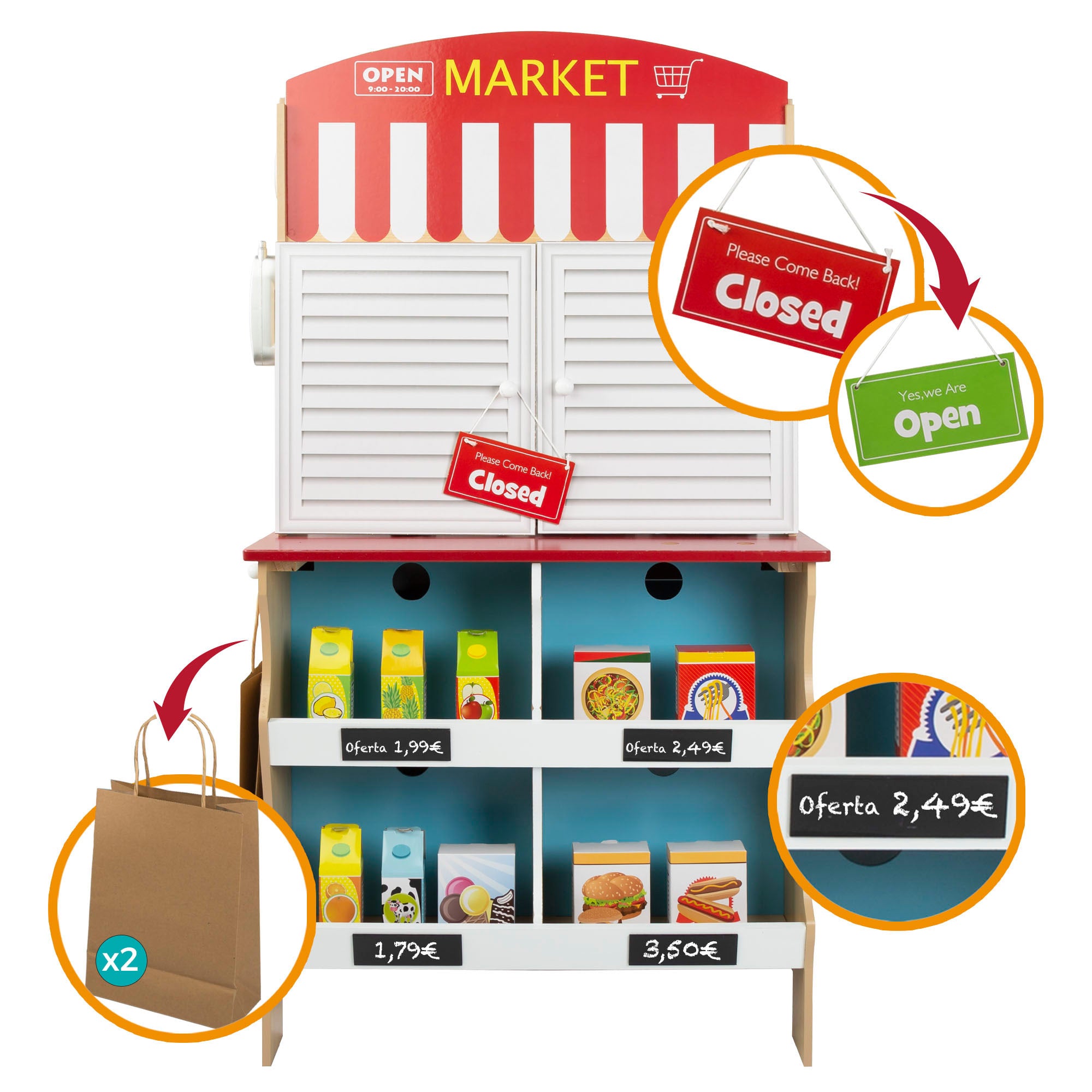 Loja de Gelados WOOMAX com Cozinha de Brinquedo em Madeira 2 em 1