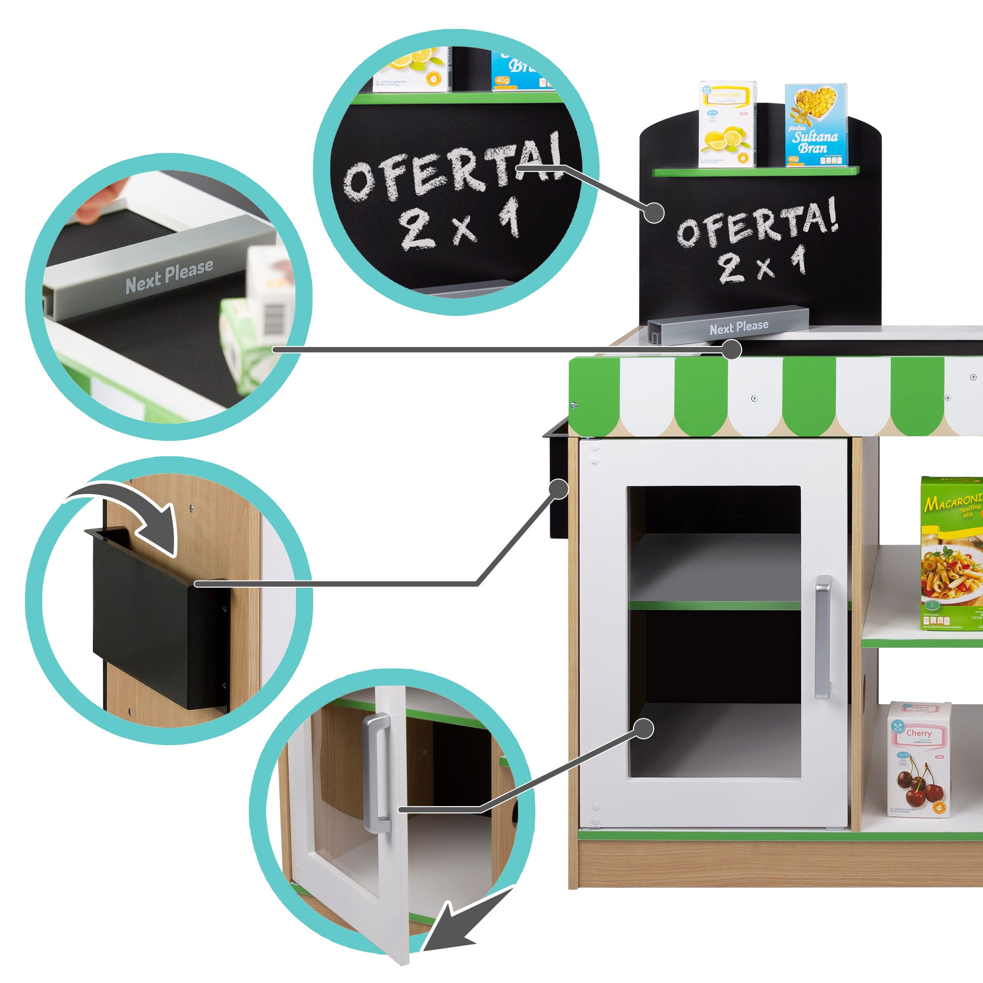 Supermercado de madeira Teamson com luz, som e acessórios.