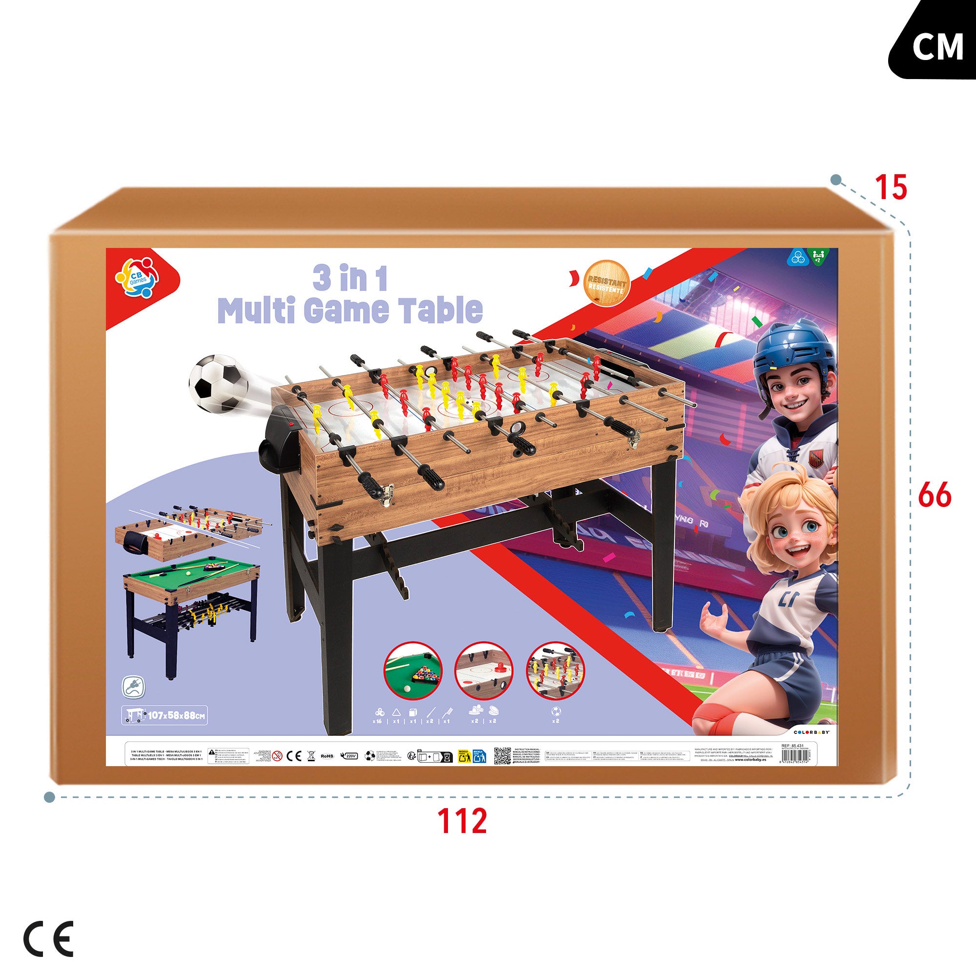 Mesa Multijogos 3 em 1: Matraquilhos/Bilhar/Hóquei, 107x58x88 cm, CB Games