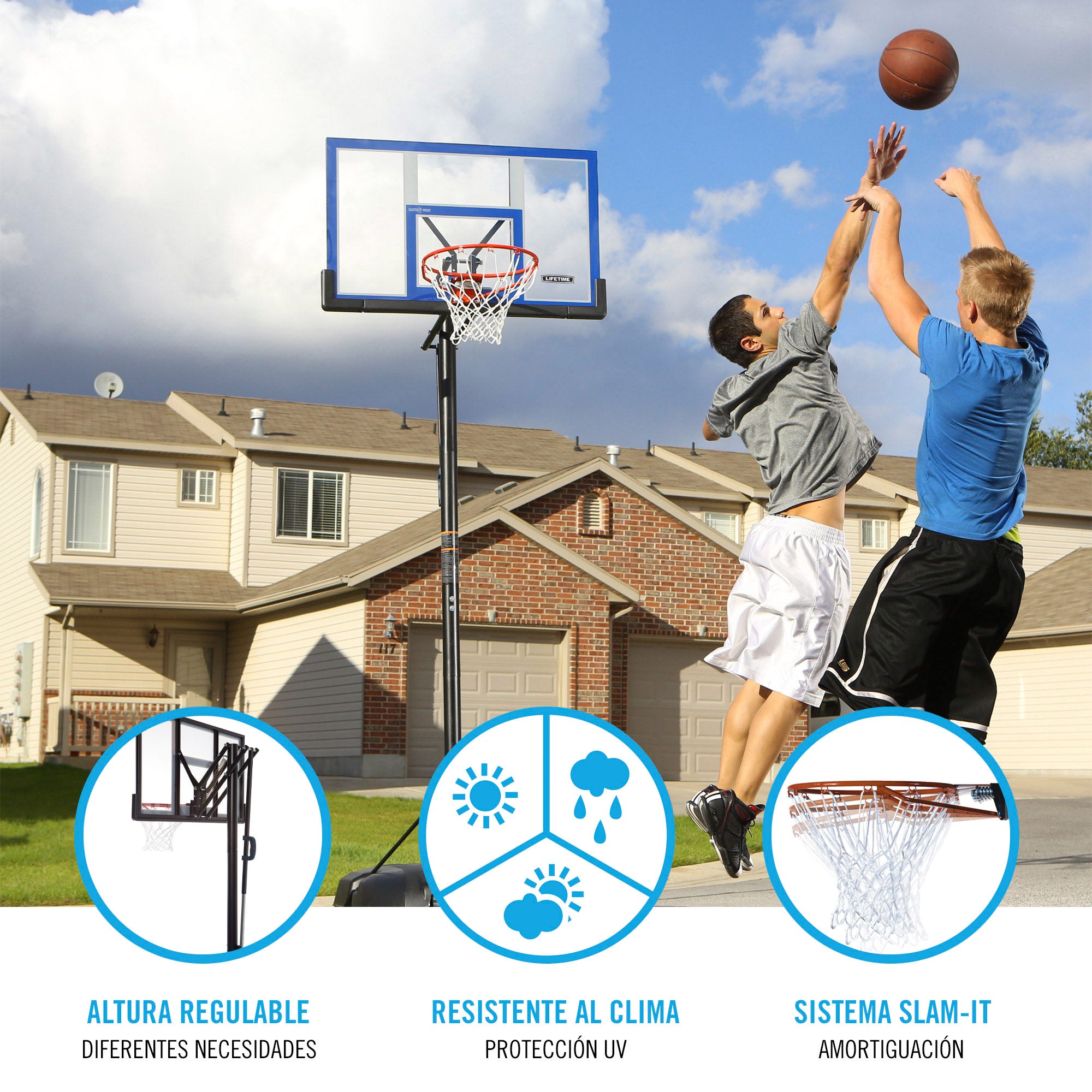 Cesta de basquetebol ultrarresistente para toda a vida útil, altura ajustável 244/305 cm, proteção UV100.
