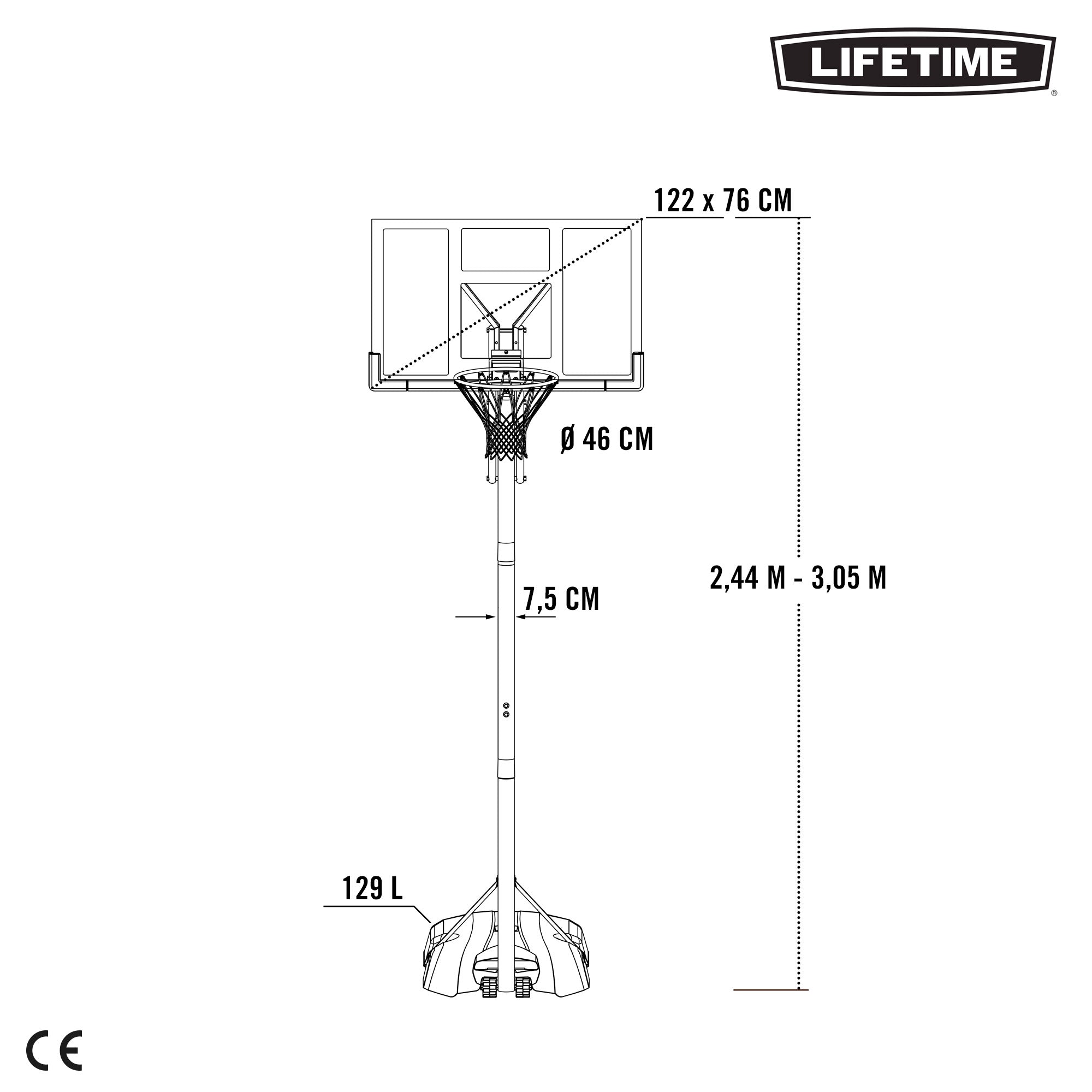 Cesta de basquetebol ultrarresistente para toda a vida útil, altura ajustável 244/305 cm, proteção UV100.